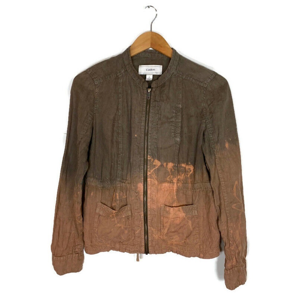 Caslon Sz XS 100% Linen Jacket Shacket Bleached Olive Green Cargo Pocket Cinched